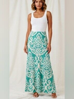 Cezanne Mint Teal Damask Ikat Print Maxi Skirt Small